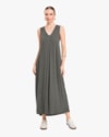 Vestido Midi com Decote V e Pregas Frontais - Cereja Rosa - Dark Gray-ed987f27-9e6e-4c13-90bd-86317d135329