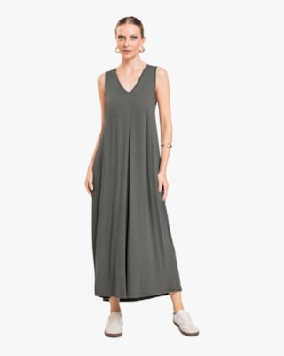 Vestido Midi com Decote V e Pregas Frontais - Cereja Rosa - Dark Gray-G