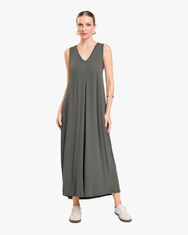 Vestido Midi com Decote V e Pregas Frontais - Cereja Rosa - Dark Gray-G