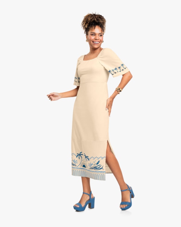 Vestido Midi com Estampa Metalizada e Mangas Bufantes - Cereja Rosa - Tapioca-G