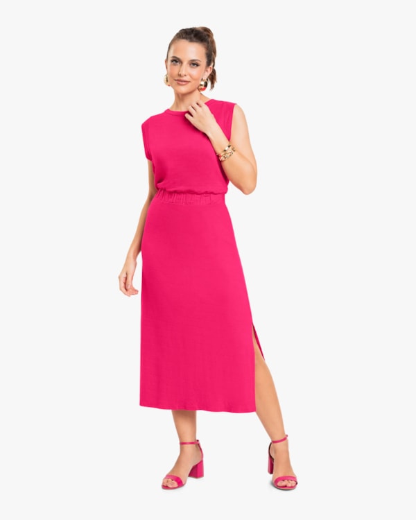 Vestido Midi com Fenda em Viscose - Cereja Rosa - Cherry-G