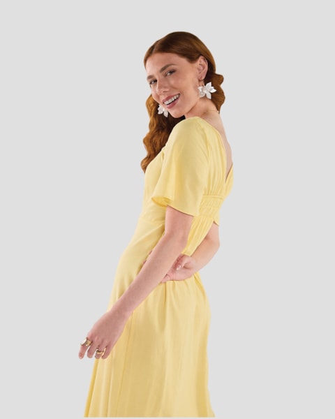 Vestido Midi com Manga Ampla e Decote Quadrado - Cereja Rosa -Manteiga