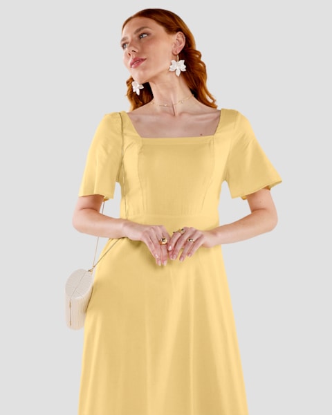 Vestido Midi com Manga Ampla e Decote Quadrado - Cereja Rosa -Manteiga