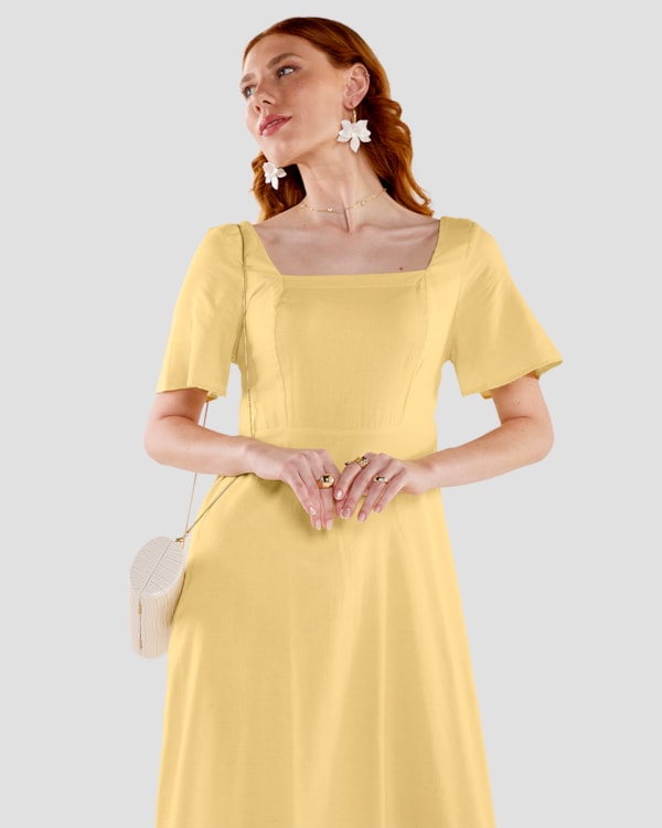 Vestido Midi com Manga Ampla e Decote Quadrado - Cereja Rosa -Manteiga