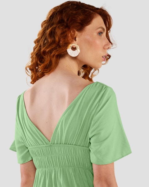 Vestido Midi com Manga Ampla e Decote Quadrado - Cereja Rosa - Mint