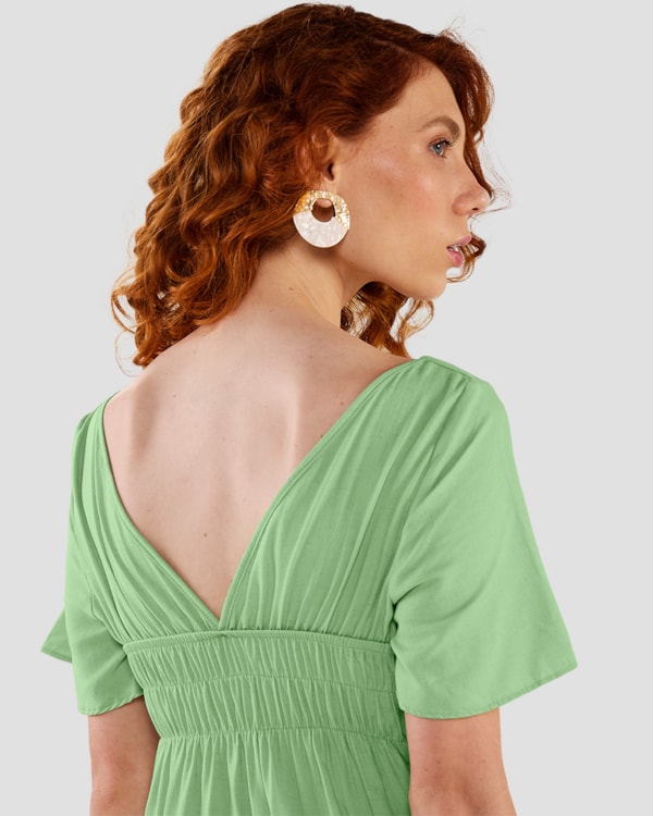 Vestido Midi com Manga Ampla e Decote Quadrado - Cereja Rosa - Mint