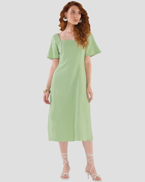 Vestido Midi com Manga Ampla e Decote Quadrado - Cereja Rosa - Mint