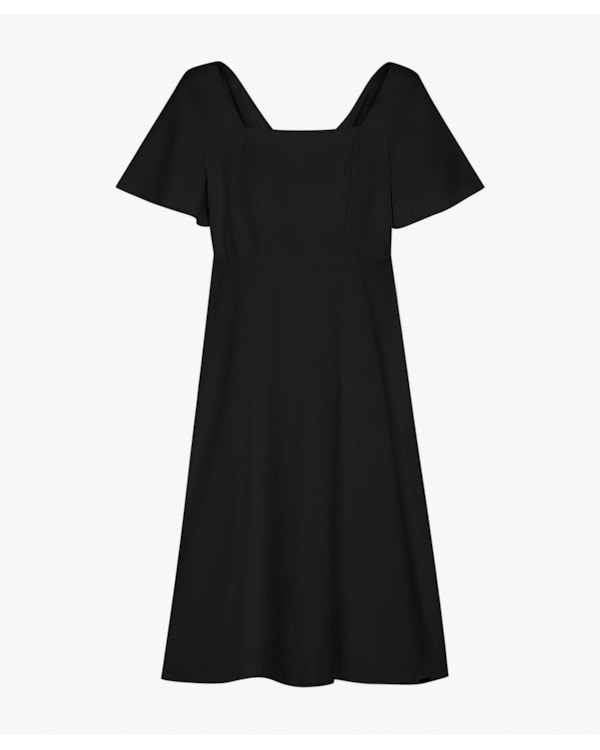 Vestido Midi com Manga Ampla e Decote Quadrado - Cereja Rosa - Preto