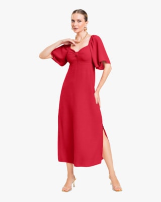 Vestido Midi com Manga Bufante - Cereja Rosa - Vermelho -M
