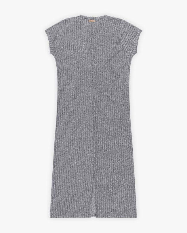 Vestido Midi em Canelado Aveludado Manga Curta - Cereja Rosa - Cinza Mescla-680607ec-d357-4f94-9862-b3f4ffb55279