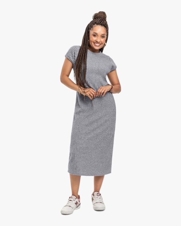 Vestido Midi em Canelado Aveludado Manga Curta - Cereja Rosa - Cinza Mescla