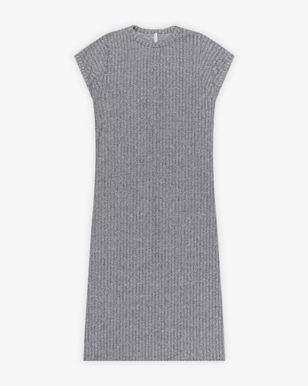 Vestido Midi em Canelado Aveludado Manga Curta - Cereja Rosa - Cinza Mescla