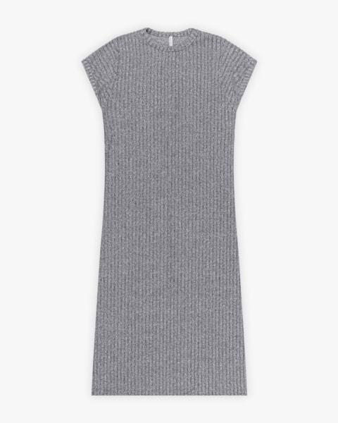 Vestido Midi em Canelado Aveludado Manga Curta - Cereja Rosa - Cinza Mescla