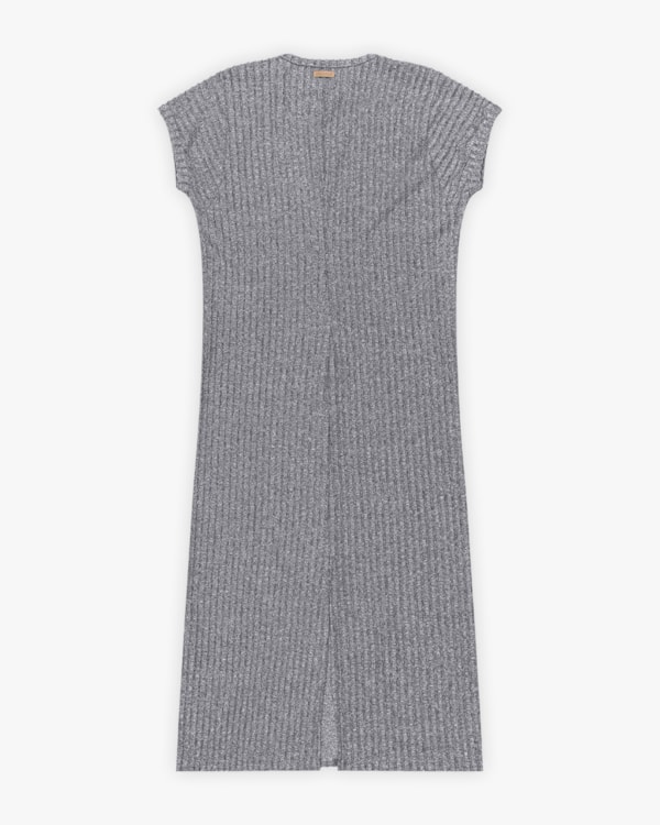 Vestido Midi em Canelado Aveludado Manga Curta - Cereja Rosa - Cinza Mescla