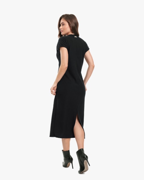 Vestido Midi em Canelado Aveludado Manga Curta - Cereja Rosa - Preto