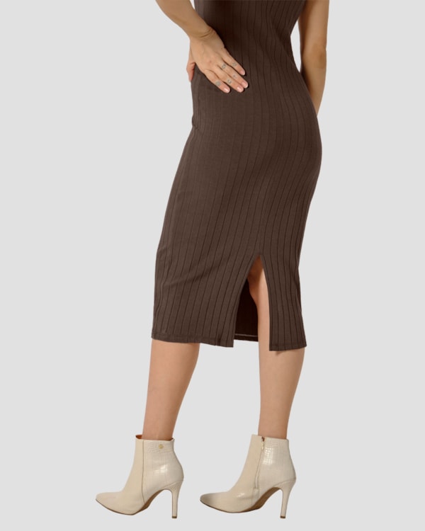 Vestido Midi em Cotton Canelado com Abertura - Cereja Rosa - Marrom