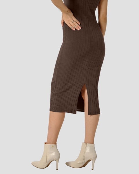 Vestido Midi em Cotton Canelado com Abertura - Cereja Rosa - Marrom