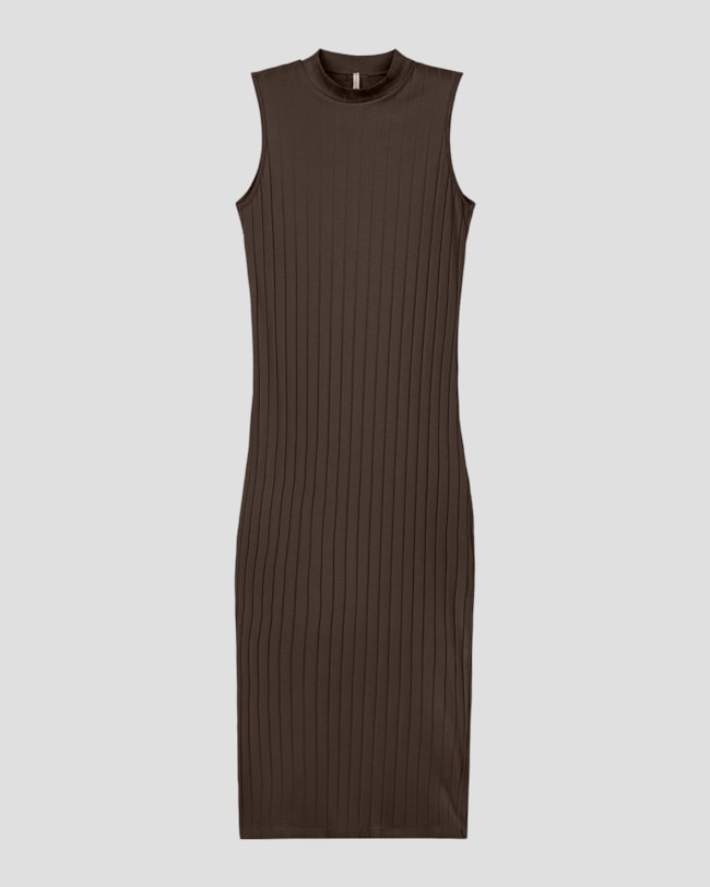 Vestido Midi em Cotton Canelado com Abertura - Cereja Rosa - Marrom-fc361504-3afe-40f3-9643-355cf8c107f3