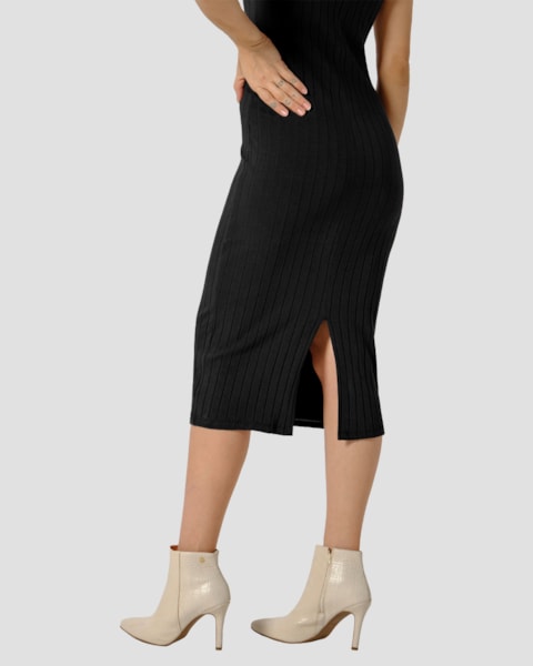 Vestido Midi em Cotton Canelado com Abertura - Cereja Rosa - Preto