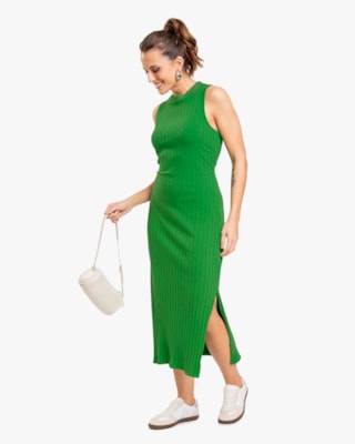 Vestido Midi em Cotton Canelado com Fenda - Cereja Rosa - Online-G