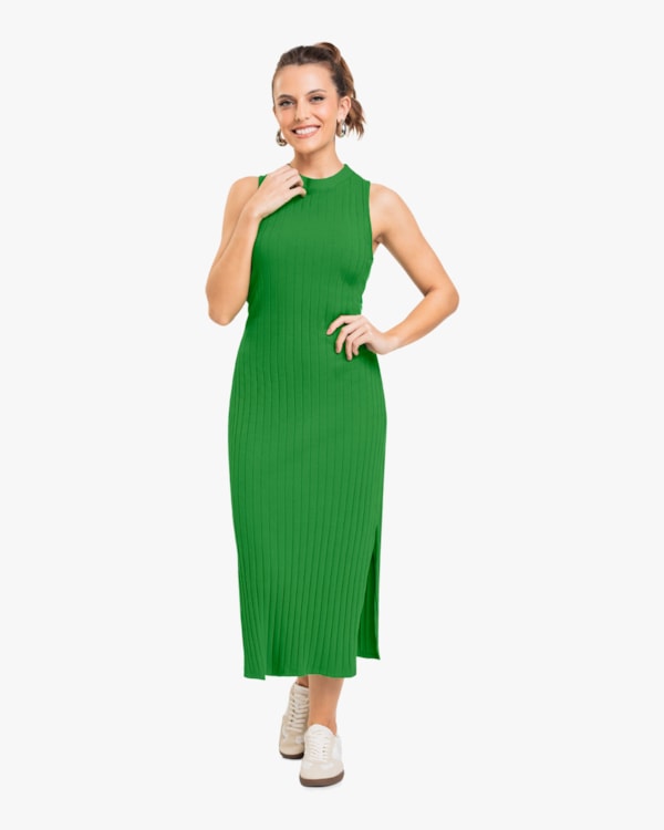 Vestido Midi em Cotton Canelado com Fenda - Cereja Rosa - Online-G