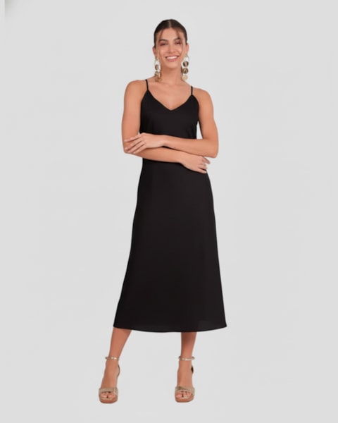 Vestido Midi em Crepe com Fenda Cereja Rosa Preto