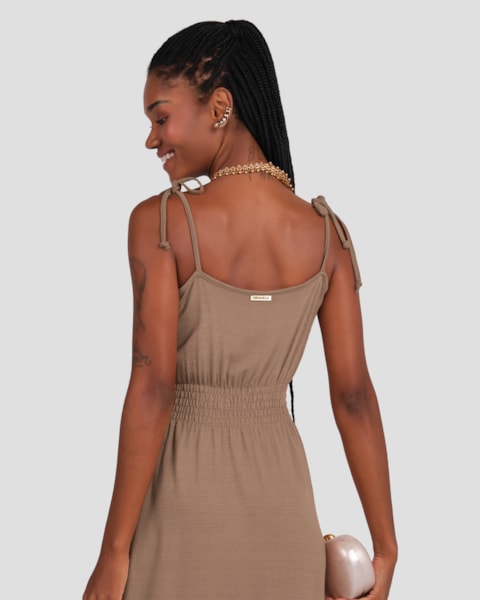 Vestido Midi em Viscose com Alça Fina Cereja Rosa Marrom