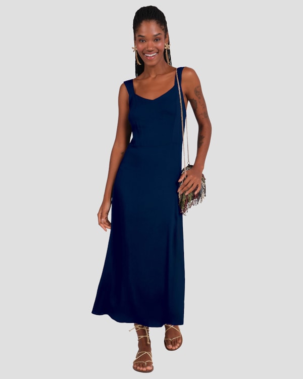 Vestido Midi em Viscose com Alças Largas Cereja Rosa Azul