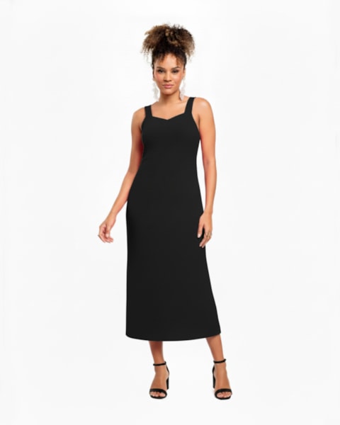 Vestido Midi em Viscose com Alças Largas Cereja Rosa Preto