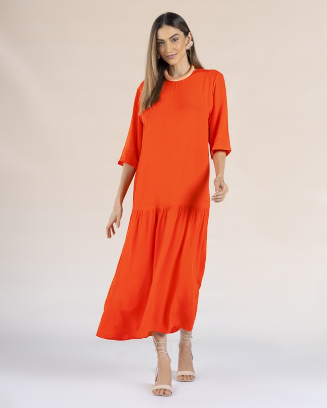 Vestido Midi em Viscose com Babado - Cereja Rosa - Ginger G-d78ec454-646b-40a6-af94-e673472e1be7