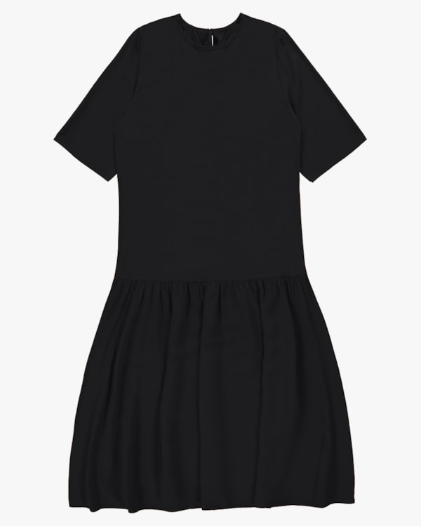 Vestido Midi em Viscose com Babado - Cereja Rosa - Preto P