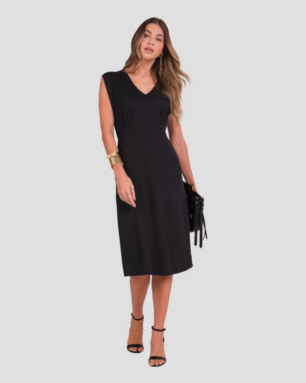 Vestido Midi em Viscose com Decote V  Cereja Rosa  Preto