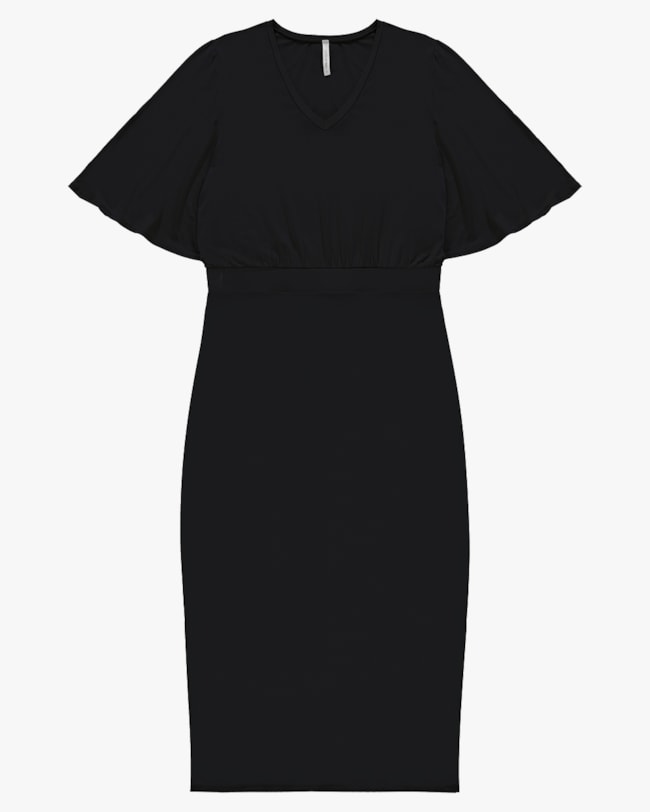 Vestido Midi em Viscose com Manga Flare - Cereja Rosa - Preto P-25ab3483-9ad6-44f9-bdaf-e5f415b48c6f