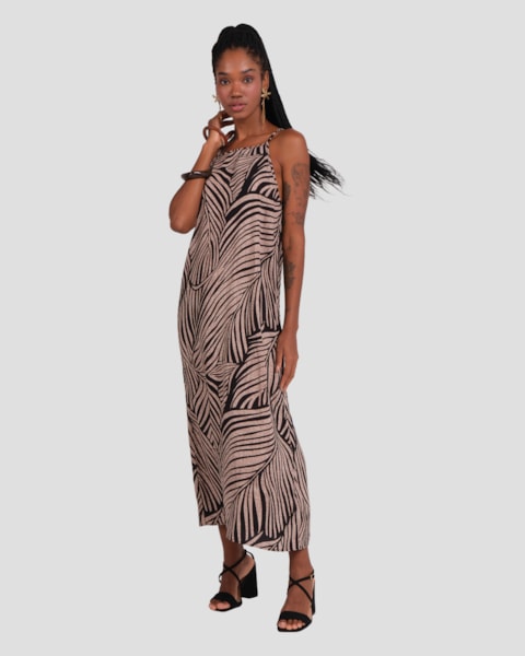 Vestido Midi em Viscose Estampada Cereja Rosa Bege