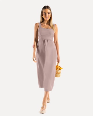 Vestido Midi em Viscose Linho com Alça Larga- Cereja Rosa - Bege G