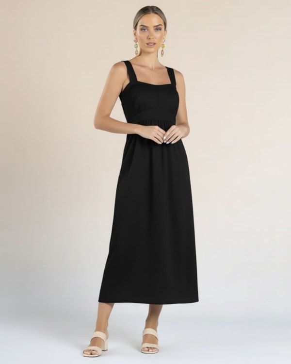 Vestido Midi em Viscose Linho com Alça Larga- Cereja Rosa - Preto