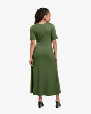 Vestido Midi em Viscose Trabalhada com Bolso - Cereja Rosa - Militar