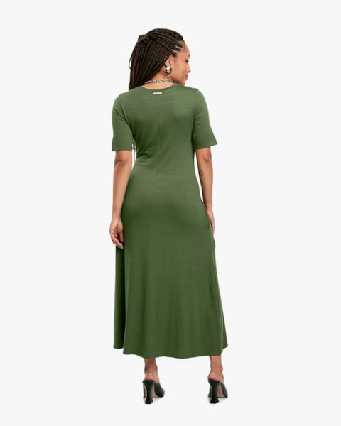 Vestido Midi em Viscose Trabalhada com Bolso - Cereja Rosa - Militar