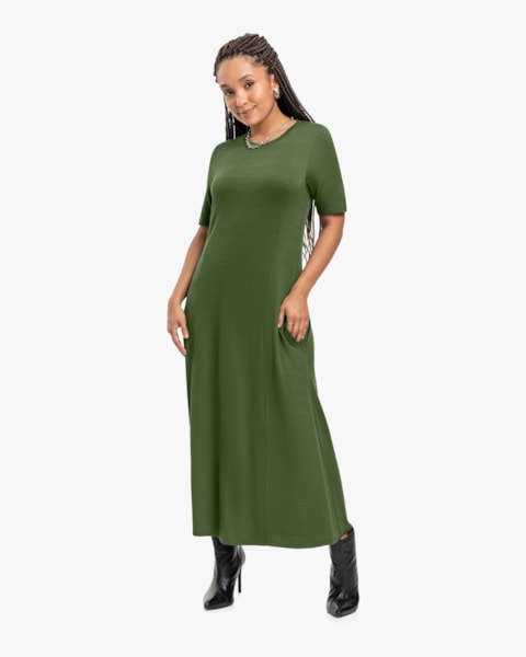 Vestido Midi em Viscose Trabalhada com Bolso - Cereja Rosa - Militar