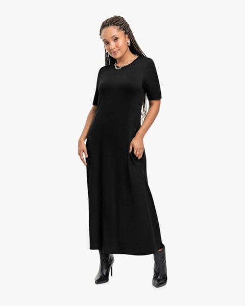 Vestido Midi em Viscose Trabalhada com Bolso - Cereja Rosa - Preto