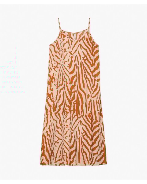 Vestido Midi Estampado Alça Fina em Viscose - Cereja Rosa - Bege