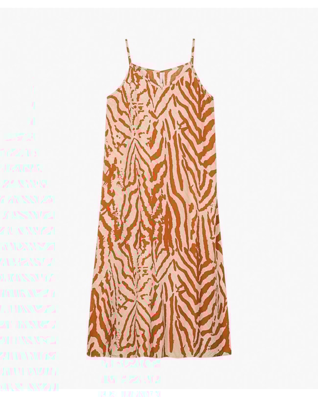 Vestido Midi Estampado Alça Fina em Viscose - Cereja Rosa - Bege-09e52736-c32b-4e48-bdb5-7c090b9253a9