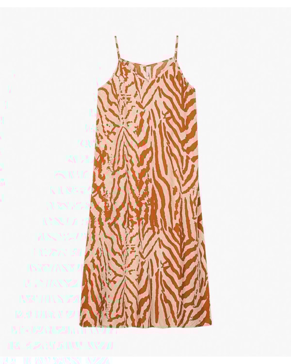 Vestido Midi Estampado Alça Fina em Viscose - Cereja Rosa - Bege