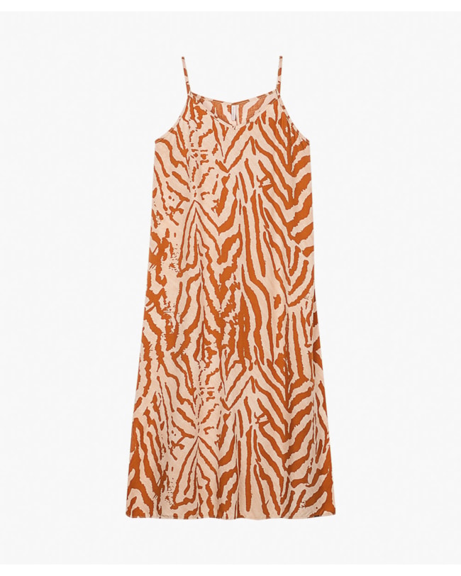 Vestido Midi Estampado Alça Fina em Viscose - Cereja Rosa - Bege-9ba0bf66-20b2-4075-a1c5-6708f16a605e