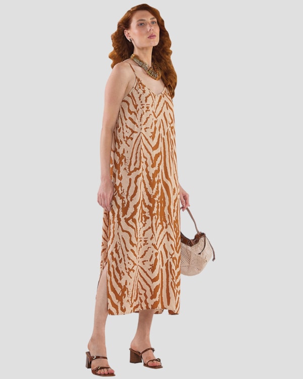Vestido Midi Estampado Alça Fina em Viscose - Cereja Rosa - Bege