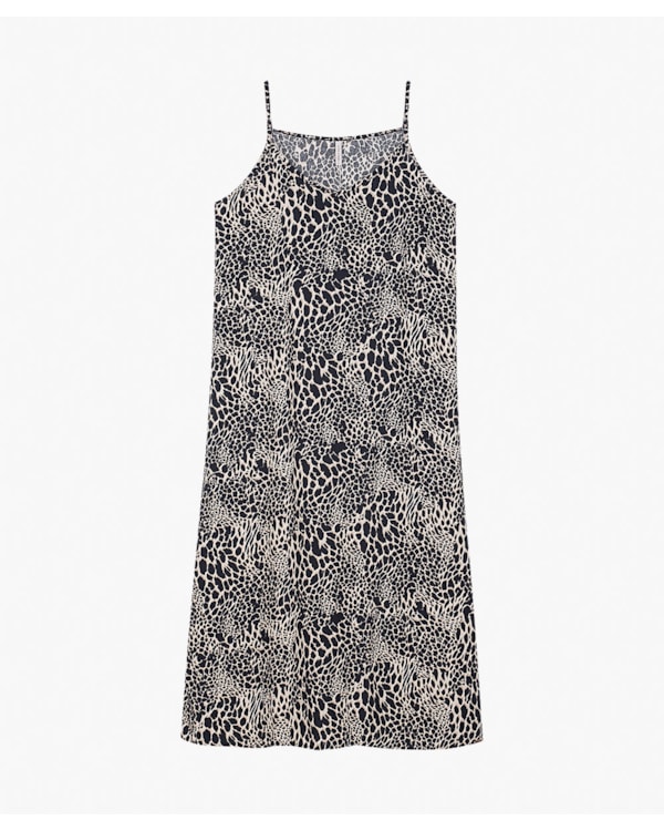 Vestido Midi Estampado Alça Fina em Viscose - Cereja Rosa - Preto