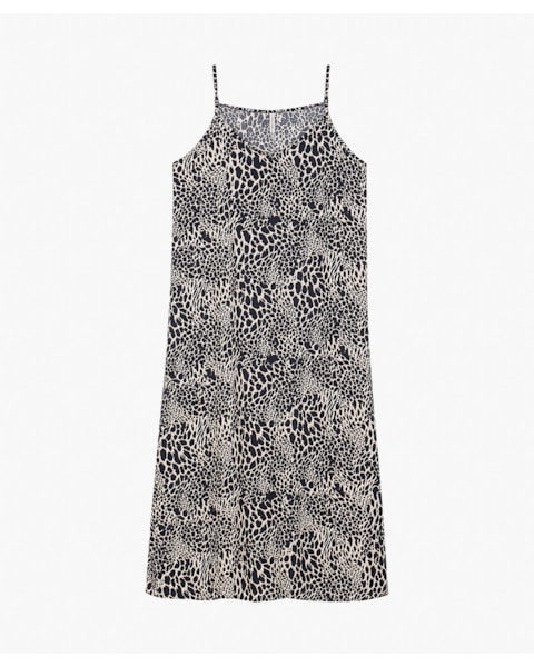 Vestido Midi Estampado Alça Fina em Viscose - Cereja Rosa - Preto