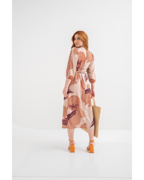 Vestido Midi Estampado Cereja Rosa