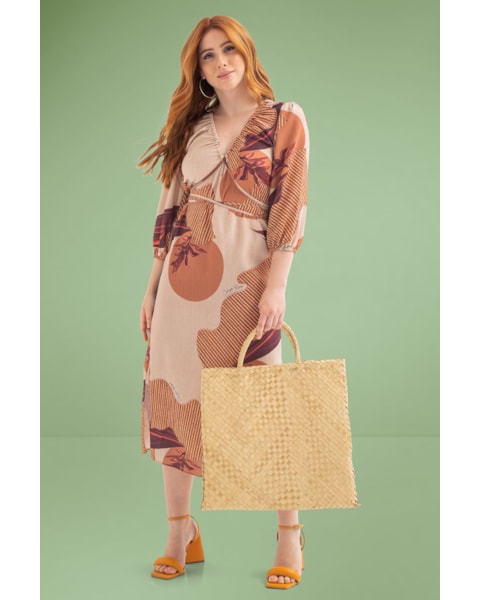 Vestido Midi Estampado Cereja Rosa