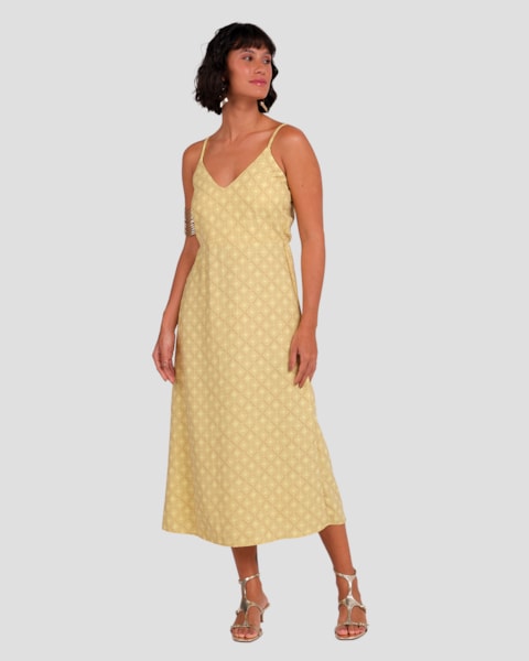 Vestido Midi Estampado com Alça Fina Cereja Rosa Amarelo